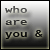A static image displays fragmented text across four with a gradient background, reading "who are you & why are you readin my icon??" in dark gray letters
