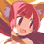 Pixelated anime-style character with short pink hair, brown eyes, and a smiling expression wearing a dark top against an orange-brown background.