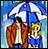 Two pixelated figures stand side-by-side under a white cloud against a blue gradient background, one in brown clothing, the other in blue and yellow.
