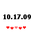 Two side-by-side displays of '10.17.09' text above red and pink heart icons, with the right display showing a different heart arrangement.