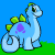 A 5-frame animated contact sheet showing a pixelated blue dinosaur with green spikes and purple spots on grass against a solid blue background, displaying subtle pose changes across frames.