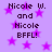 Pixelated purple background with pink stars and repeated text 'Nicole W. and Nicole BFFL!' in dark purple font.