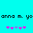 Cyan background with black pixelated text reading 'anna m. yo anna m. yo' and two of pink/purple star-like symbols below