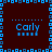 A pixelated image with four identical sections displaying the name 'Carly' in blue text on a dark brown background, bordered by a blue pixelated frame.