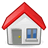 Pixelated house icon with red triangular roof, white walls, gray door, blue window panes, and yellow doorknob on light gray background.