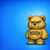Pixelated brown bear figure stands against solid blue background, arms at sides, head slightly tilted right, eyes closed, mouth a small dark line.