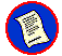 Six circular icons with red borders and blue backgrounds, each containing a beige scroll with black text, arranged in a pattern