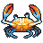 Pixelated crab with orange and blue claws, beige and brown shell, and blue legs on gray background.