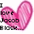 A static pixelated image shows a pink heart shape with black text reading 'I love Jacob Block...' overlaid on it.