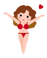 Animated pixel art of a woman in a red bikini with brown hair, performing various poses including arms raised, hands near face, and heart symbols floating above her.