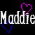 Pixelated text "Maddie" repeated in two with heart symbols, displayed on a black background using multiple colors