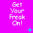 A bright pink background displays three of pixelated text reading "Get Your Freak On!" with scattered cyan and green dots