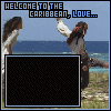Animated sequence showing two figures on a beach with text 'WELCOME TO THE CARIBBEAN, LOVE...' above them; the central inset image changes from black to a clearer view of the figures.