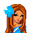 Pixel art contact sheet showing a female character in blue outfit with white skirt and accessories across multiple frames, including close-up of face, torso, and legs.