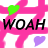 Pixelated image with repeated 'WOAH' text, pink and white patterned background, green heart shapes, purple hearts, black dots on light pink area.