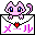 Pixel art of a pink cat-like creature with blue eyes and a curled tail, positioned above a red heart symbol on a white background.