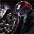 Pixelated figure with metallic helmet and red accents, holding a weapon, set against dark background with scattered light particles.