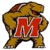 Pixelated yellow mascot figure holding a large red letter M against white background