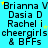 Static image with cyan background displaying repeated text including names, 'cheerleaders & BFFs', and yellow stars