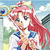 Pixelated cartoon character with long red hair, blue top, and white collar, holding a yellow object against a sky background.