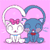 Two cartoon cats form a heart shape with their tails on a pink background, displaying varying facial expressions and blush colors across frames.