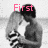 A grayscale image of a person with long hair holding a white star, with pink text above the head changing from 'First' to 'Love'.