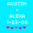 Pixelated text and symbols on a bright blue background with two variations of pink and purple asterisks.