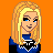 Pixel art of a blonde woman in blue crop top and black pants with white accents, standing against orange background; text reads 'I Love Justin' below.