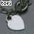Two side-by-side animated frames of a buddy icon showing a character with dark hair and white lower body against gray background, text "tori" above each frame.