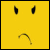 Yellow square face with black eyes and downturned mouth; text 'go away' appears in white block letters on right side.