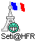 Pixelated Eiffel Tower with French flag atop, teal circular face below tower, black text "Seti@HFR" beneath; four identical static frames show no motion.
