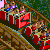 Pixelated image of a wooden roller coaster with red cars and passengers, set against a green forest background.