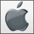 Pixelated grayscale apple logo with a bite taken from the right side and a leaf attached to the top stem, set against a light gray background.