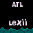 Pixelated text 'ATL' and 'lexii' appear above teal wave-like borders on black background, with a gray rectangle in the bottom-right corner.
