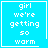 Four identical blue square with white pixelated text reading 'girl we're getting so warm' and a single underline beneath the last word, each containing one unique small symbol in its bottom-right corner