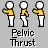 Three pixelated figures in yellow shirts and white pants perform pelvic thrust motions against a gray background with "Pelvic Thrust" text below.