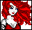Pixelated character with red and blue hair in a flowing motion, wearing a red dress with white collar, transitioning from red to blue hair across frames.