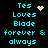 Pixelated cyan text on black background reads "Tes Loves Blade forever & always" with animated white heart and star symbols.