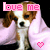 Animated contact sheet of a dog wrapped in pink fabric with "love me" text and pixel hearts, displayed across six frames on black background.