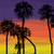 Pixelated sunset scene with four palm trees silhouetted against a gradient sky transitioning from yellow to orange to purple.
