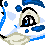 Pixelated cartoon face with blue and white color scheme, showing sequential eye expressions from open to closed states.