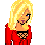 Pixel art buddy icon featuring a blonde woman in red clothing on the left and green text 'Original Icons .com' on a dark background to the right.