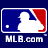Pixelated MLB logo with blue and red sections, white silhouette of a batter, and 'MLB.com' text below on dark background.