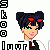 Pixel art character with dark blue hair styled in two buns, red accessories on the head, green eyes, pink lips, and a white shirt with black tie.