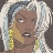 Pixelated image of a character with light brown skin, silver hair, and large yellow earrings, expression neutral with slightly parted lips.