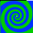Four identical spiral patterns arranged in a , each with alternating blue and green concentric rings forming a clockwise swirl around a white center dot