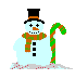 Pixelated snowman with black top hat, orange carrot nose, and green-and-orange striped scarf holding a green-and-red candy cane.