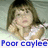 A four- shows a person with long brown hair resting their head on hands, wearing a white top against a light background. Blue text overlays read "Poor coylee morn her" and "soul and body."