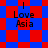 Blue and red pixelated background with 'I Love Asia' text in black, showing two distinct animation states.
