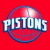 Pixelated red background with blue circular outline containing white text 'PISTONS' and a basketball graphic.